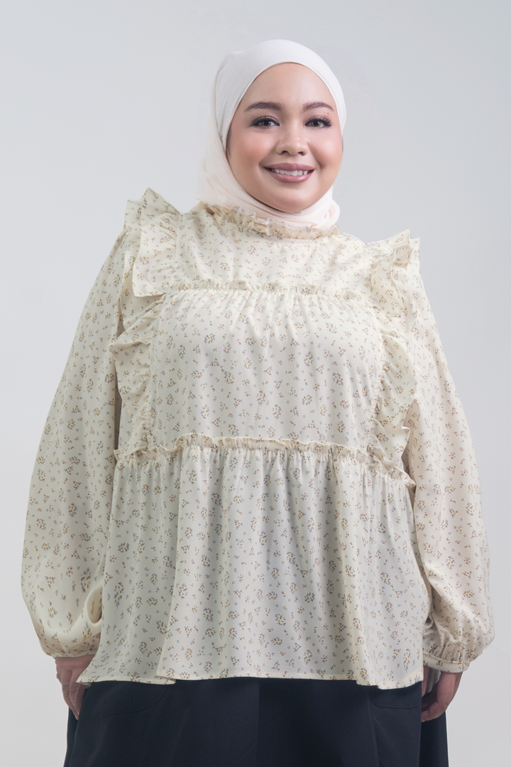 Uzmaa Plus Size Ruffled Floral Blouse Cream