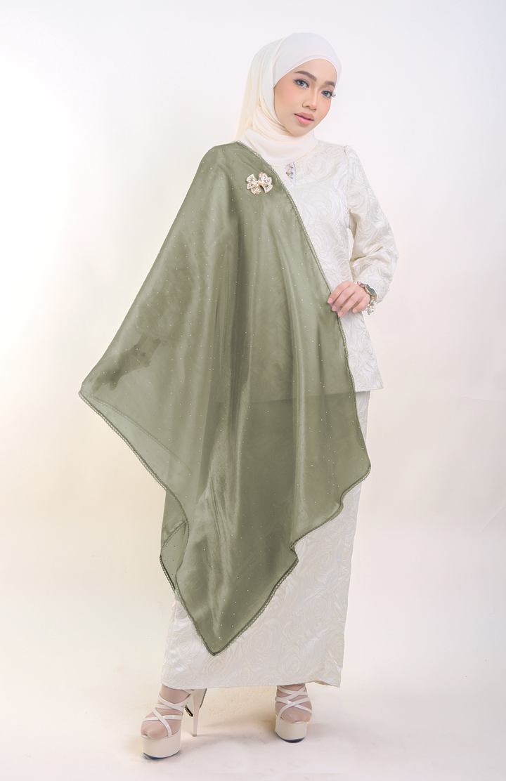 Nilamsari Embellished Organdy Selendang Olive Green