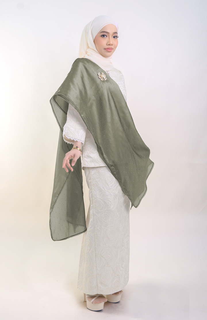 Nilamsari Embellished Organdy Selendang Olive Green
