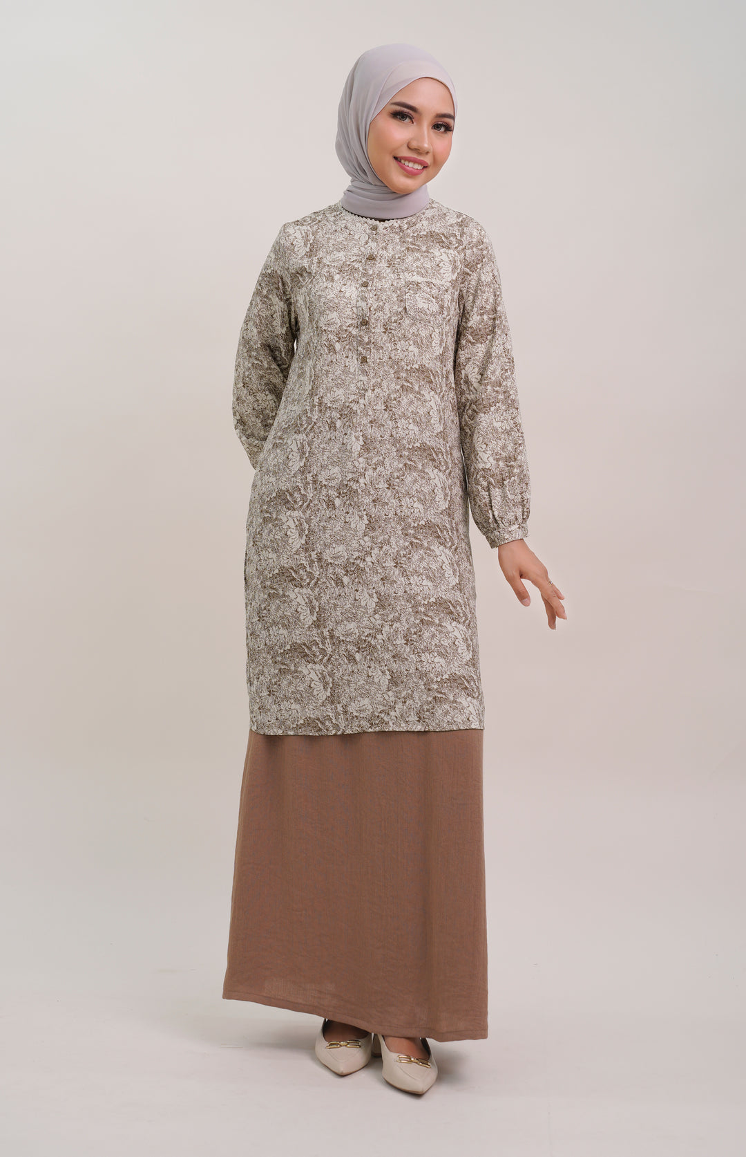 Claire Floral Cotton Long Blouse Coffee