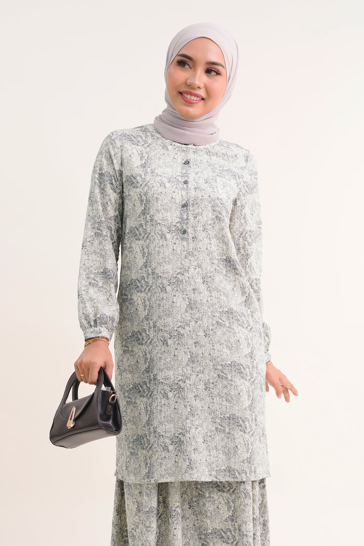Claire Floral Cotton Long Blouse Grey