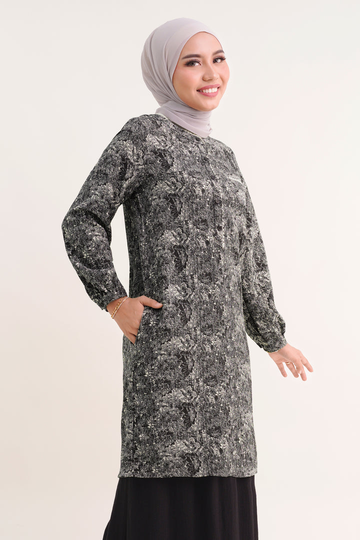 Claire Floral Cotton Long Blouse Black