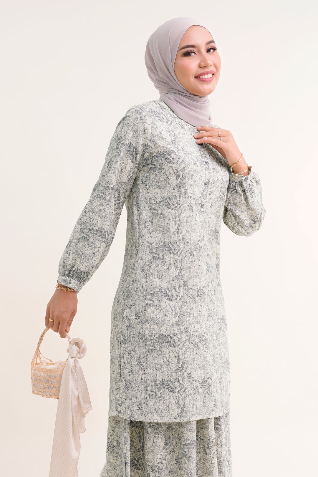 Claire Floral Cotton Long Blouse Grey