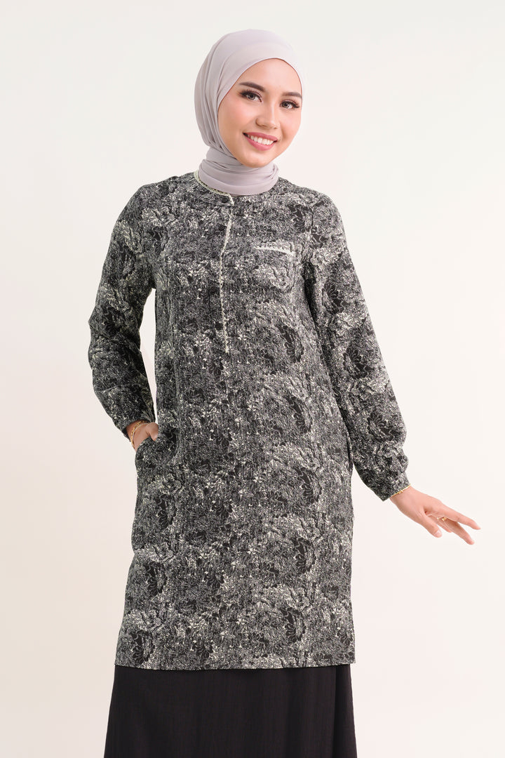 Claire Floral Cotton Long Blouse Black