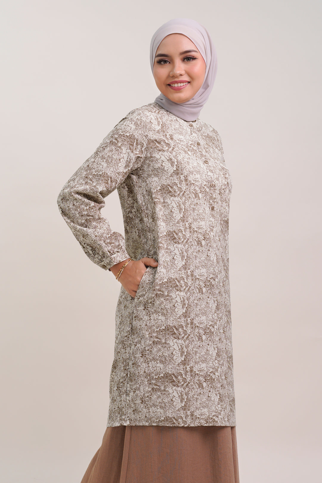 Claire Floral Cotton Long Blouse Coffee