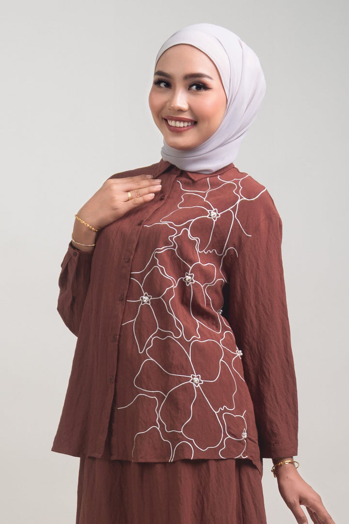 Lunara Embroidered Cotton Shirt Copper Brown