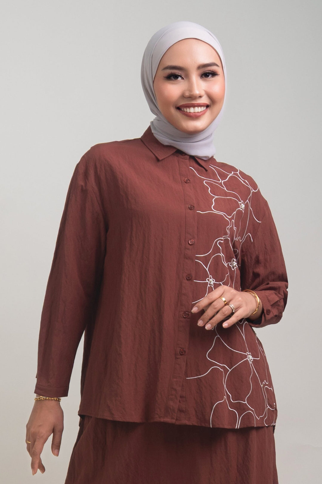 Lunara Embroidered Cotton Shirt Copper Brown
