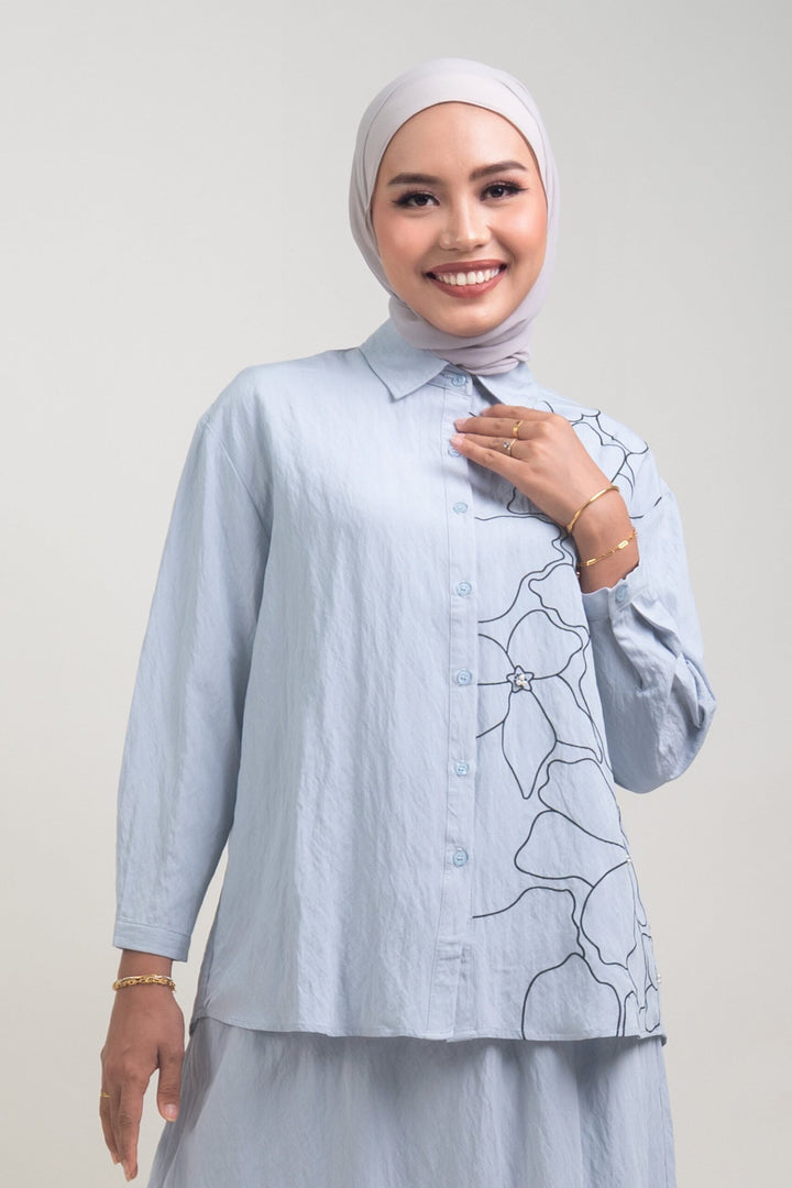 Lunara Embroidered Cotton Shirt Greyish Blue