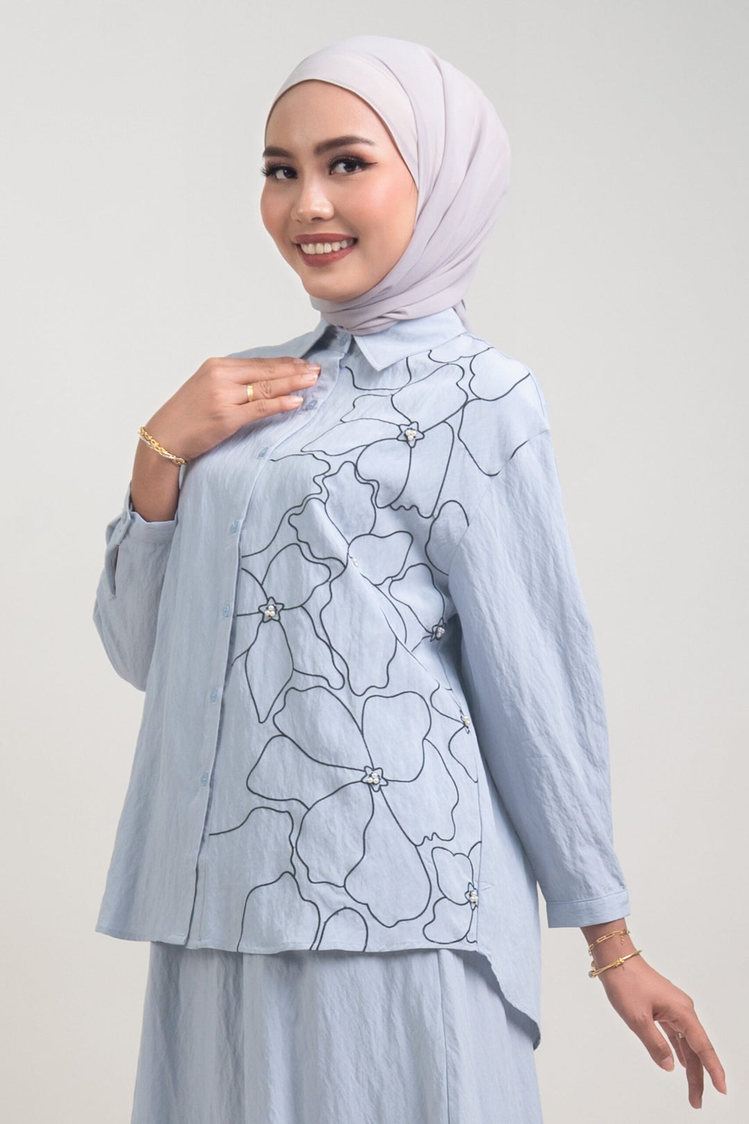 Lunara Embroidered Cotton Shirt Greyish Blue
