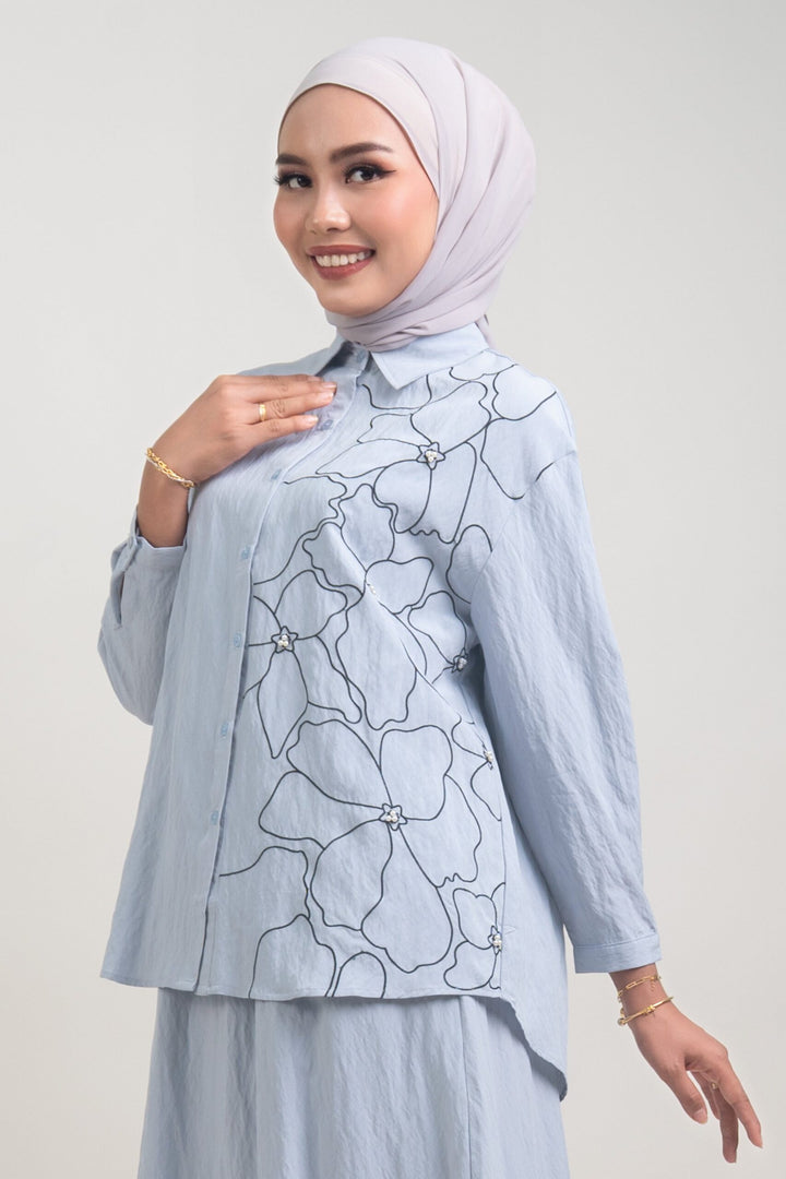 Lunara Embroidered Cotton Shirt Greyish Blue