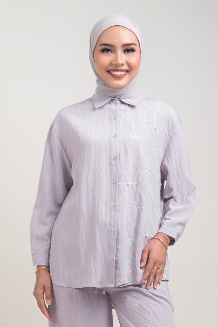 Lunara Embroidered Cotton Shirt Pastel Purple