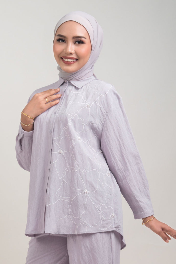Lunara Embroidered Cotton Shirt Pastel Purple