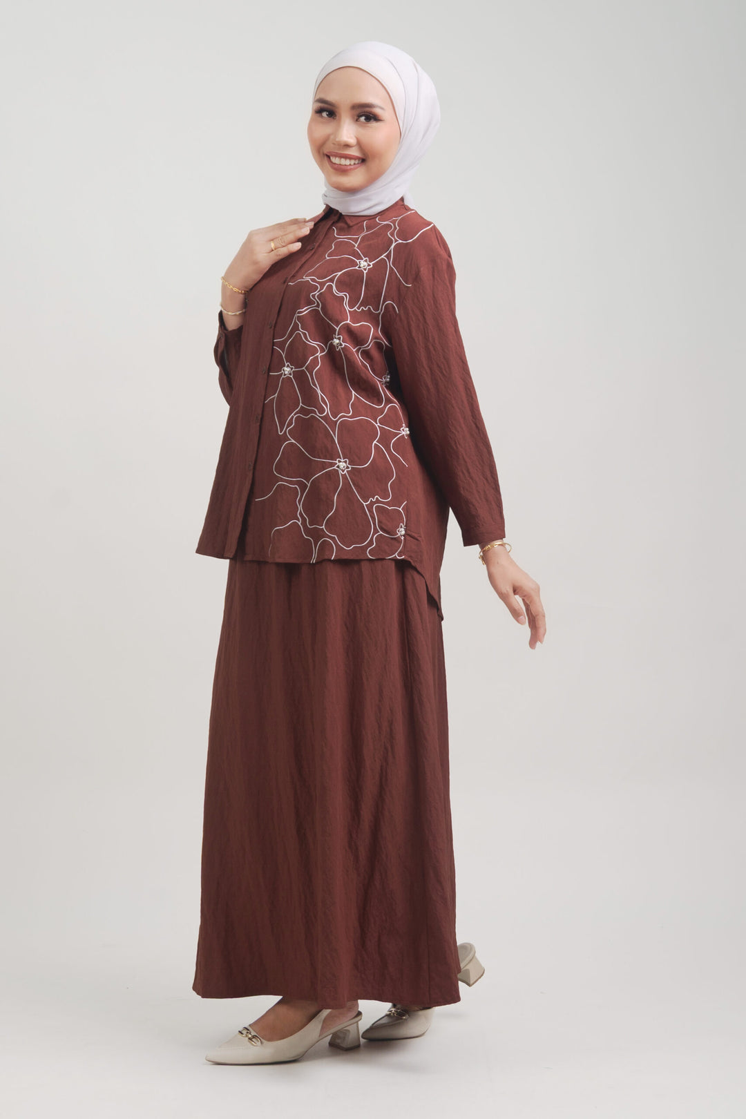 Lunara Embroidered Cotton Shirt Copper Brown