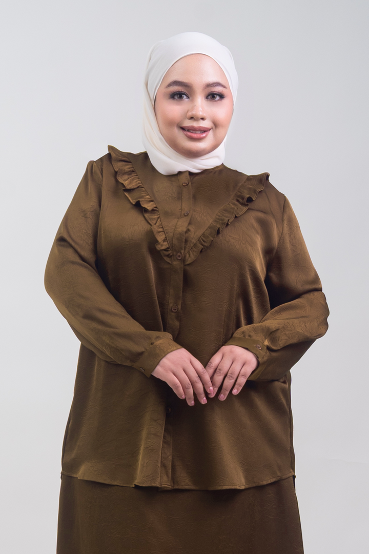 Isabelle Plus Size Satin Ruffled Blouse Rich Brown