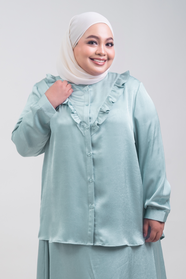Isabelle Plus Size Satin Ruffled Blouse Greyish Blue