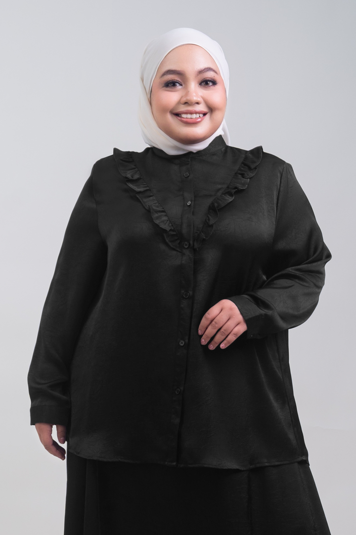 Isabelle Plus Size Satin Ruffled Blouse Black