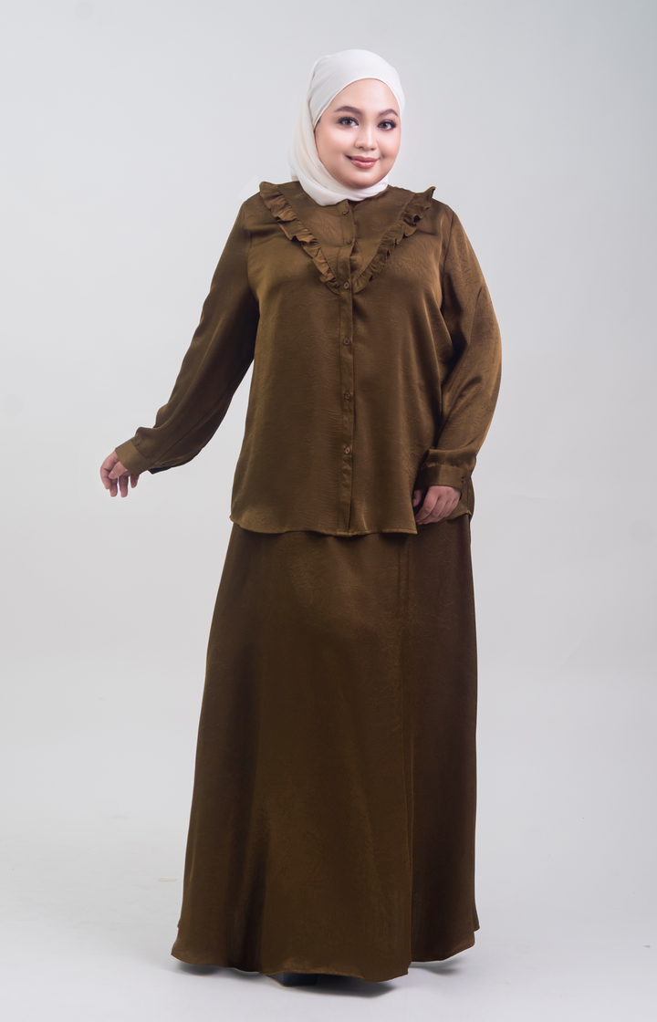 Isabelle Plus Size Satin Ruffled Blouse Rich Brown