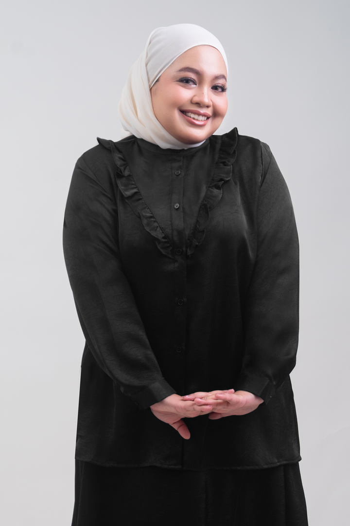 Isabelle Plus Size Satin Ruffled Blouse Black
