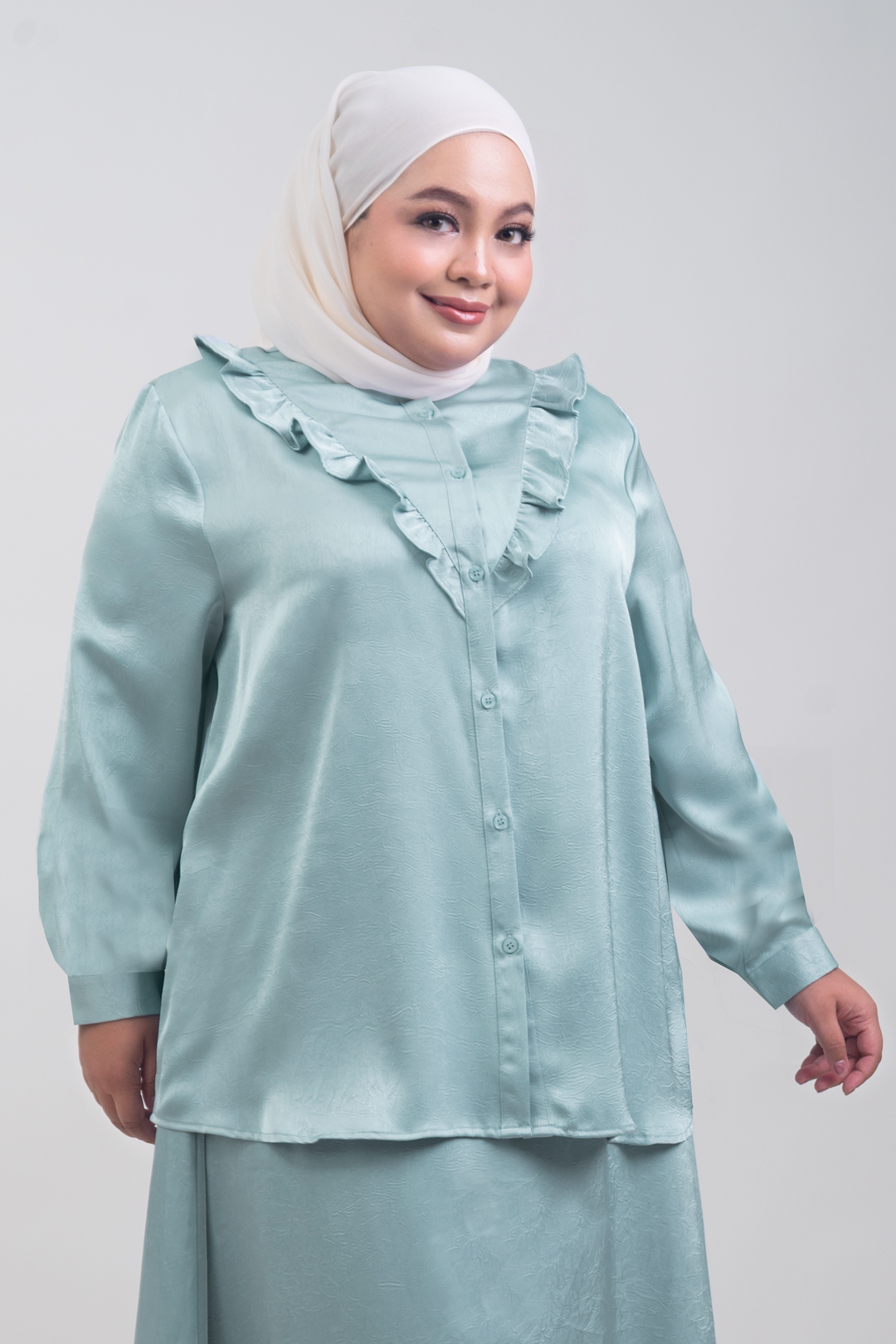 Isabelle Plus Size Satin Ruffled Blouse Greyish Blue
