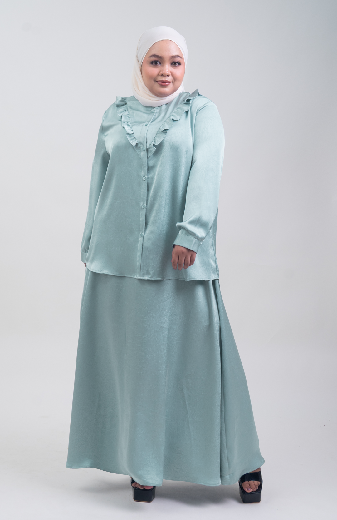 Isabelle Plus Size Satin Ruffled Blouse Greyish Blue
