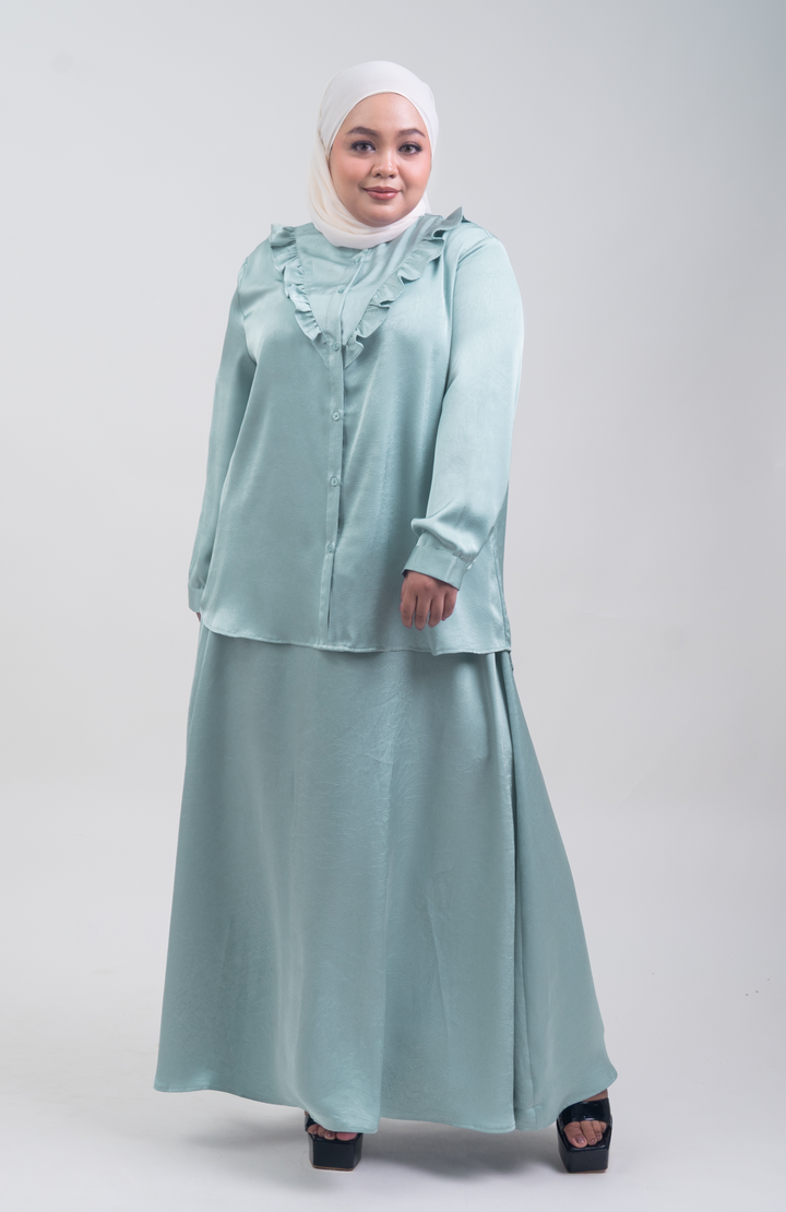 Isabelle Plus Size Satin Ruffled Blouse Greyish Blue