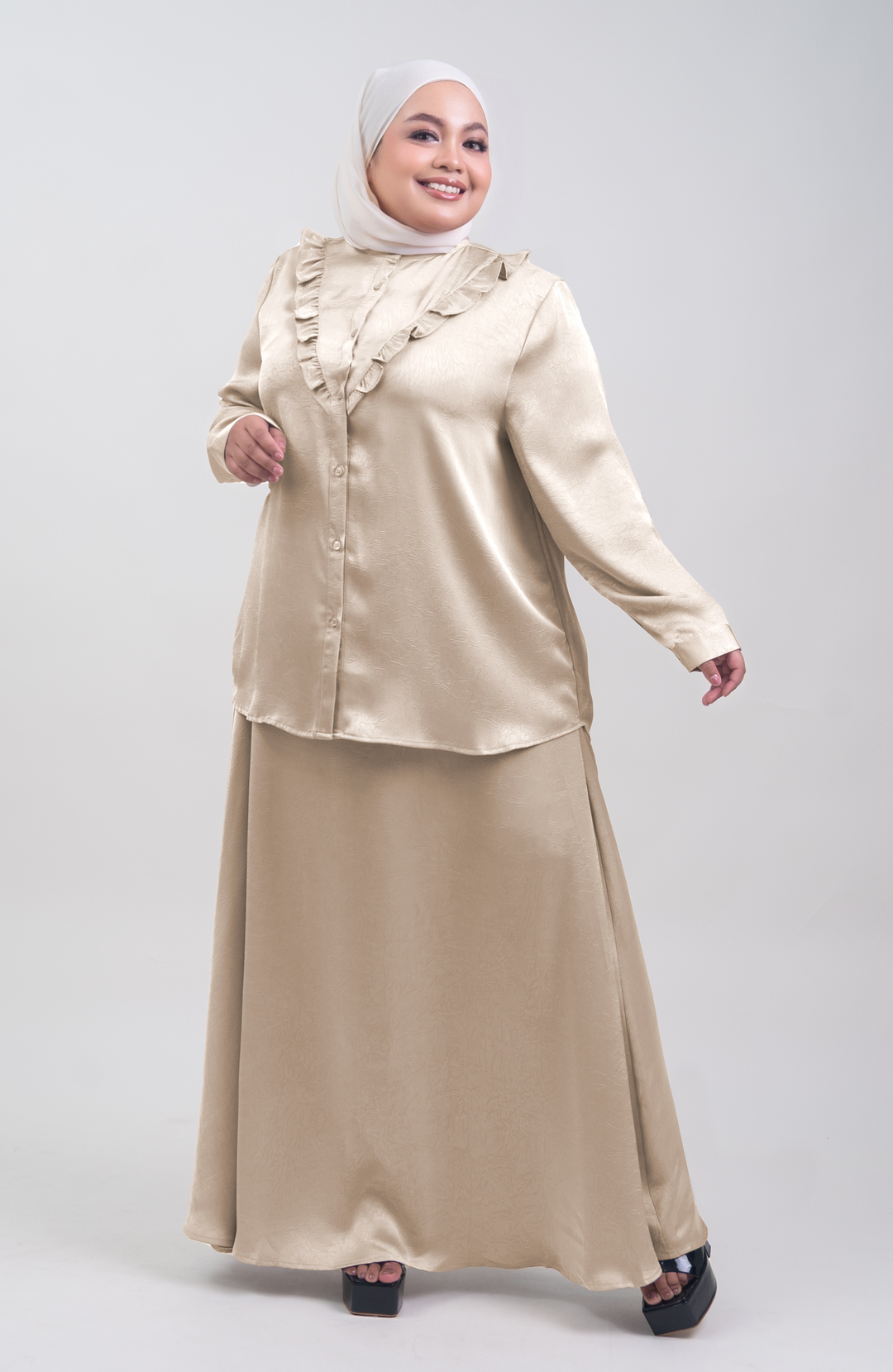 Isabelle Plus Size Satin Ruffled Blouse Latte