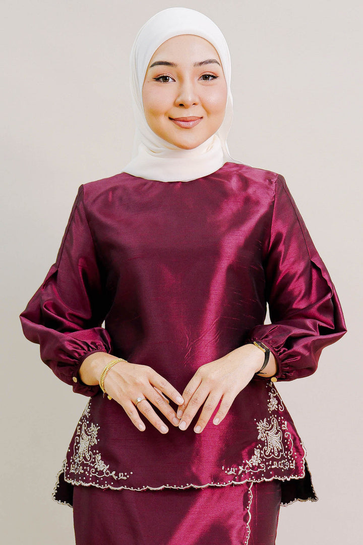 Evelyn Kurung with Embroidery in Burgundy