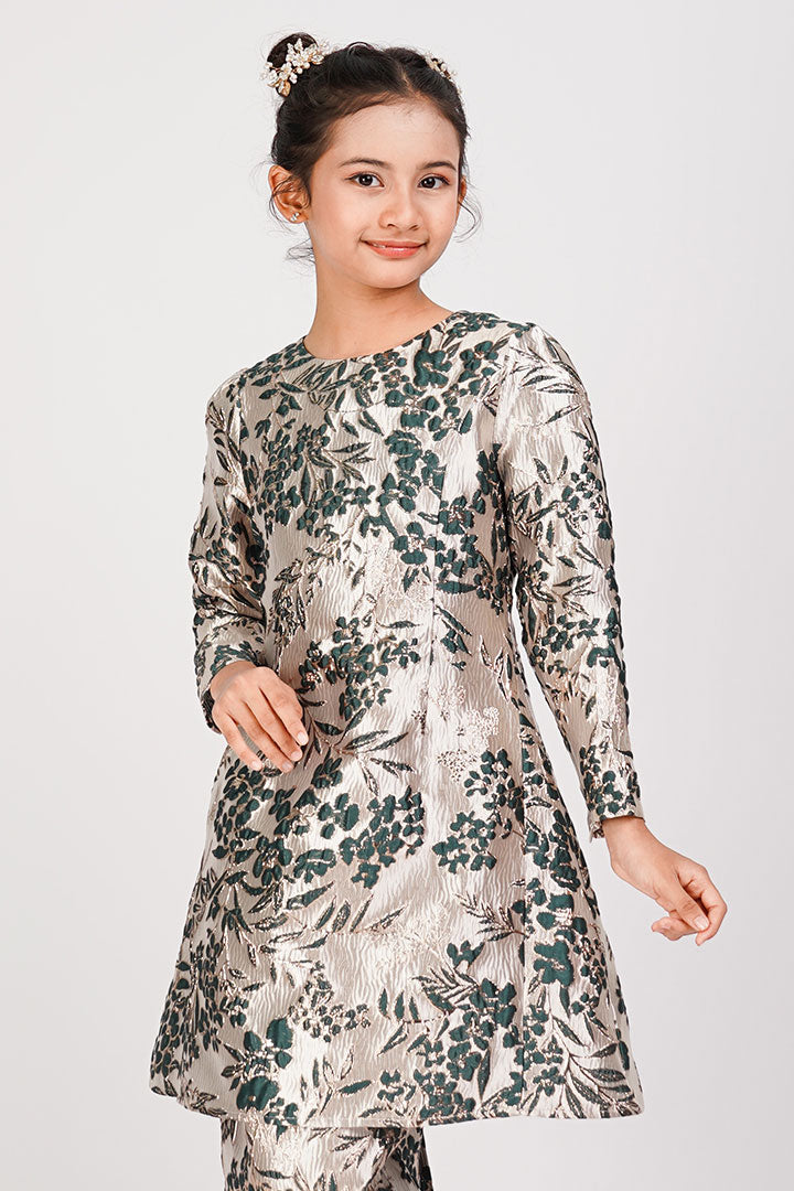 Peony Kids Kurung Brocade Green