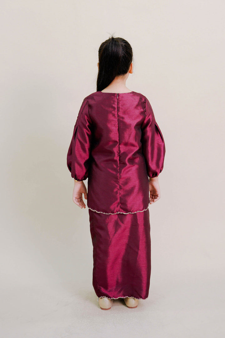 Evelyn Kids Kurung with Embroidery in Burgundy