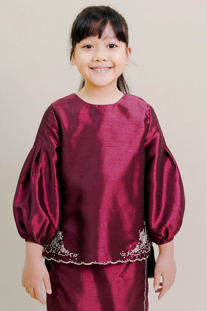 Evelyn Kids Kurung with Embroidery in Burgundy