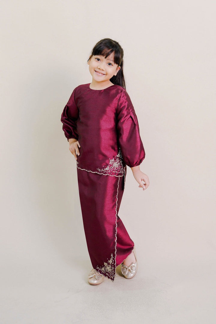 Evelyn Kids Kurung with Embroidery in Burgundy