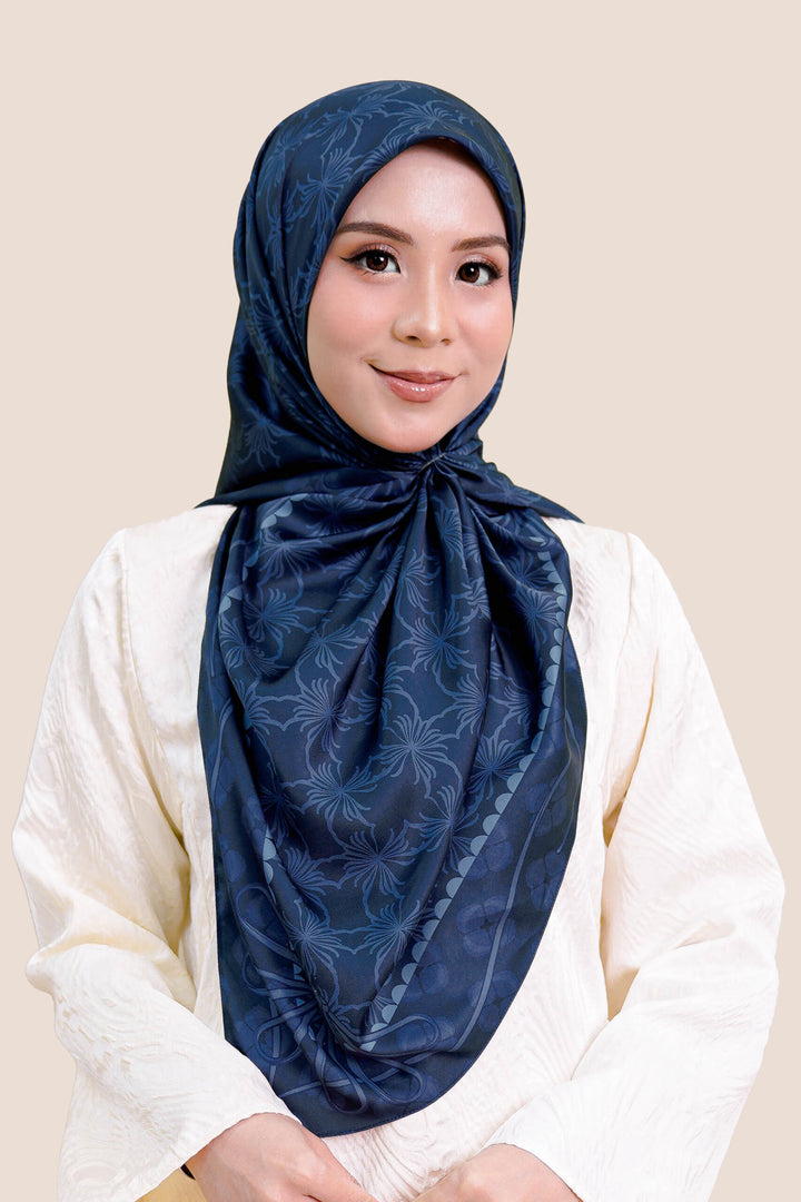 Khawlah Satin Printed Square Navy