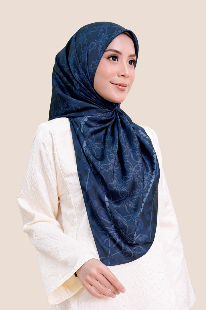 Khawlah Satin Printed Square Navy