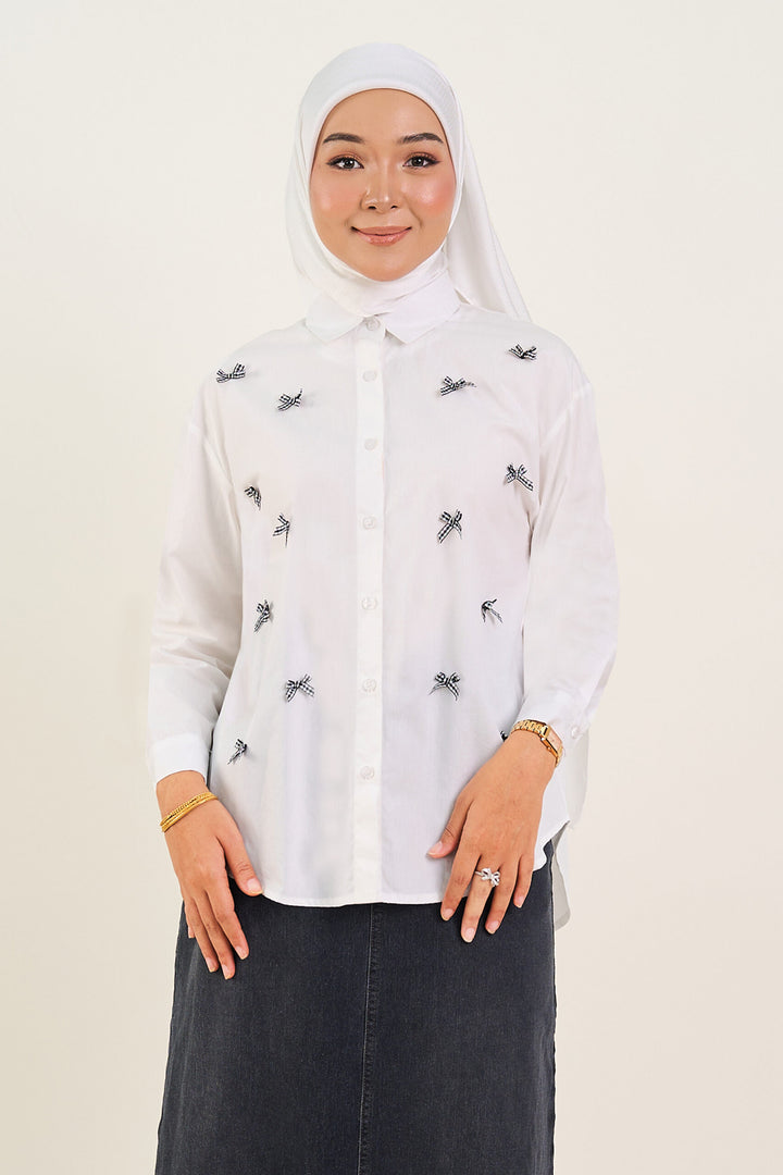 Lola Bow Embellished Cotton Shirt White