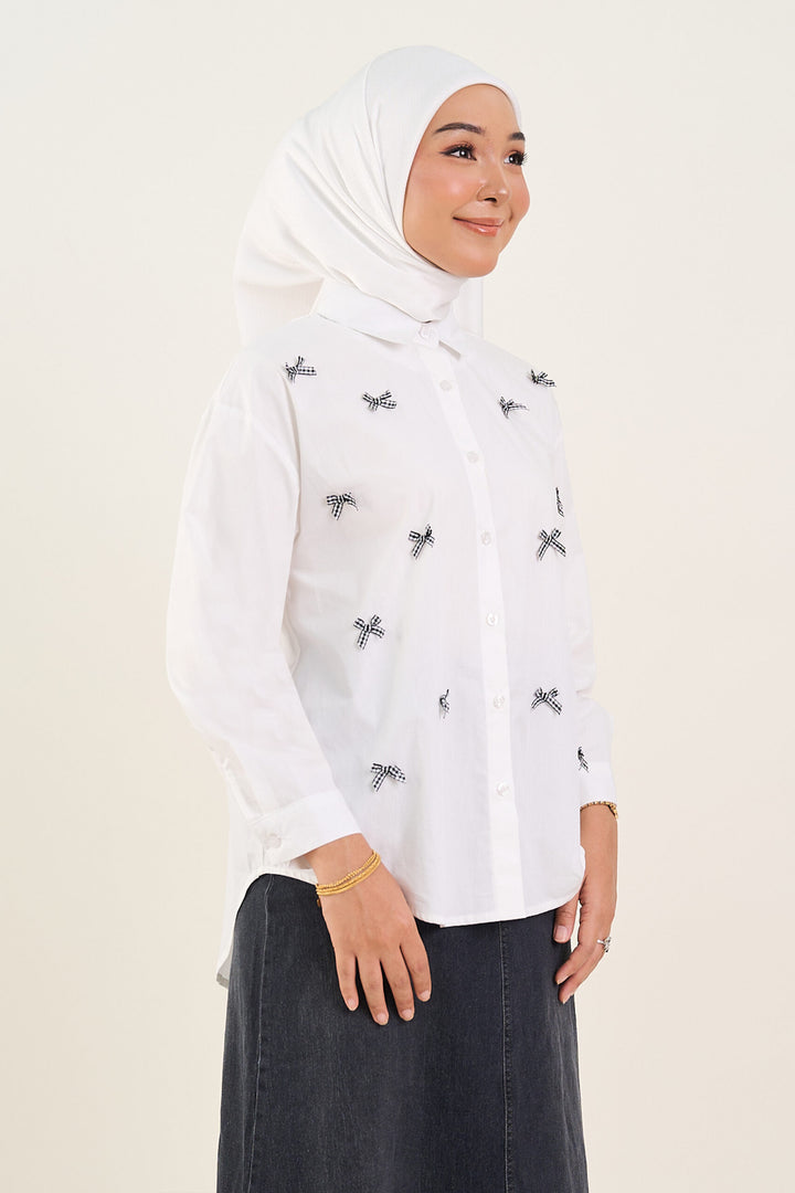 Lola Bow Embellished Cotton Shirt White