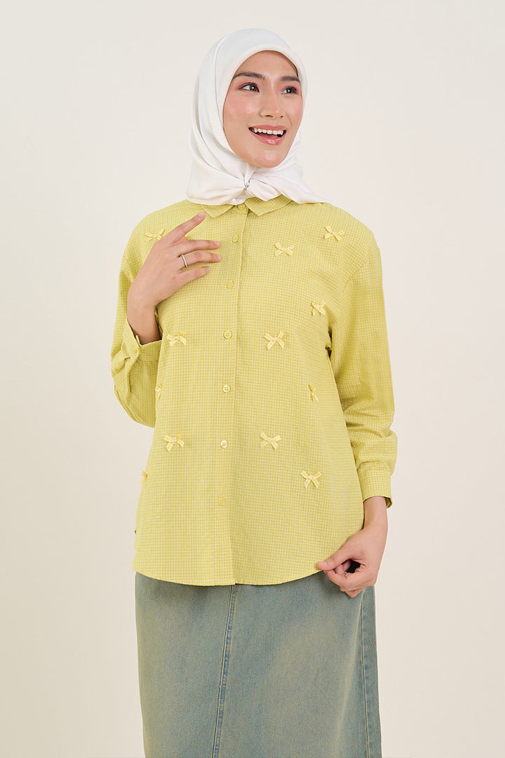 Natalie Checker Print Bow Embellished Shirt Yellow