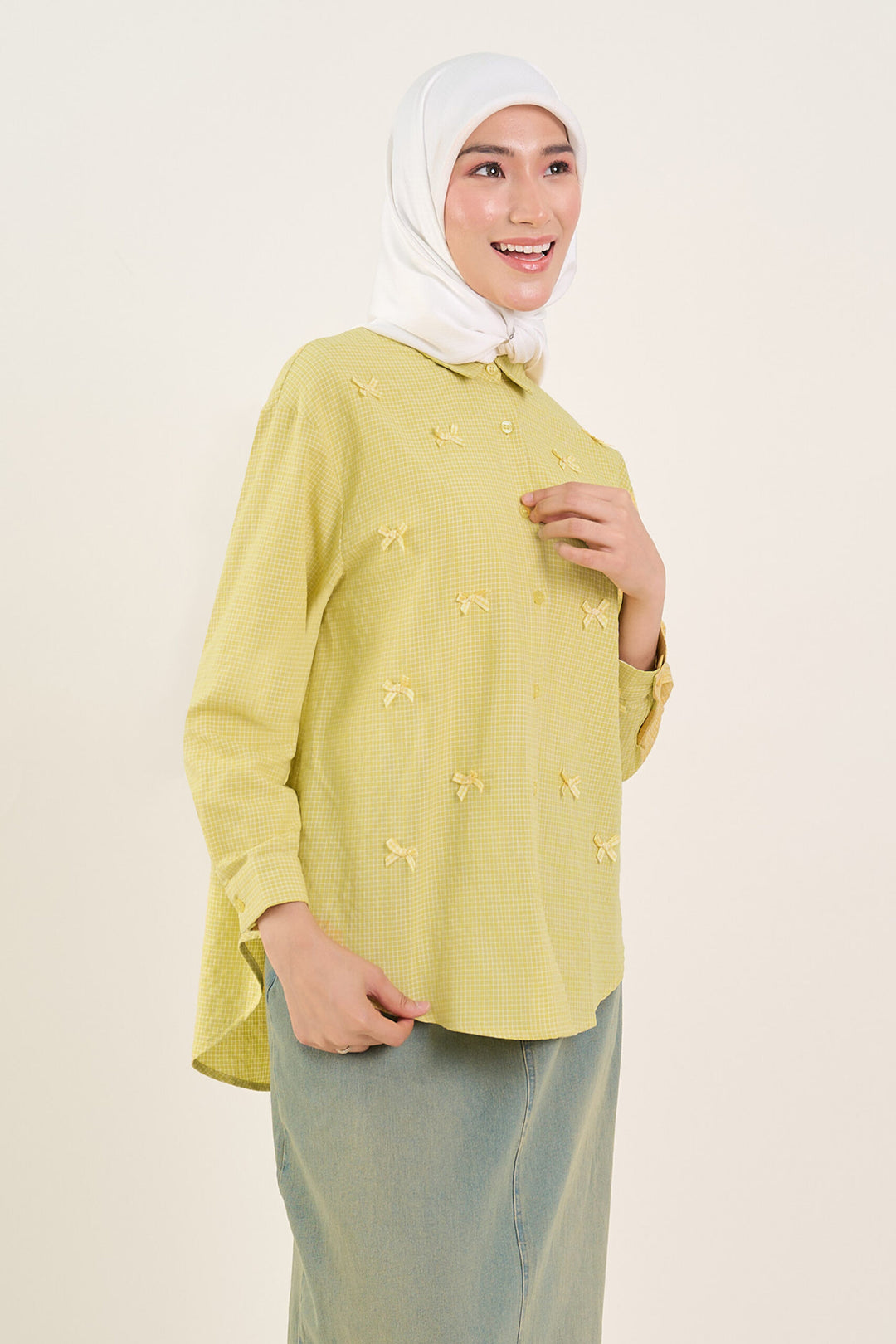 Natalie Checker Print Bow Embellished Shirt Yellow