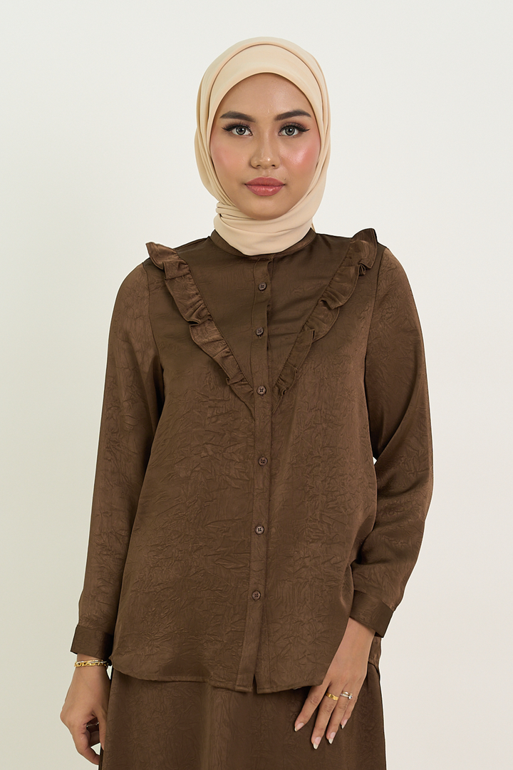 Isabelle Satin Ruffled Blouse Rich Brown