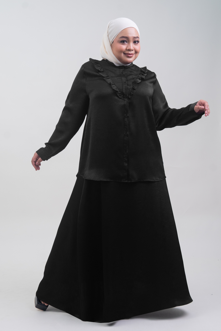Isabelle Plus Size Satin Ruffled Blouse Black
