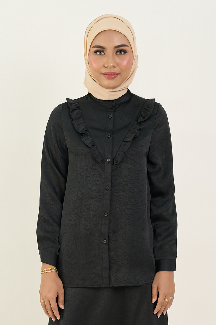 Isabelle Satin Ruffled Blouse Black