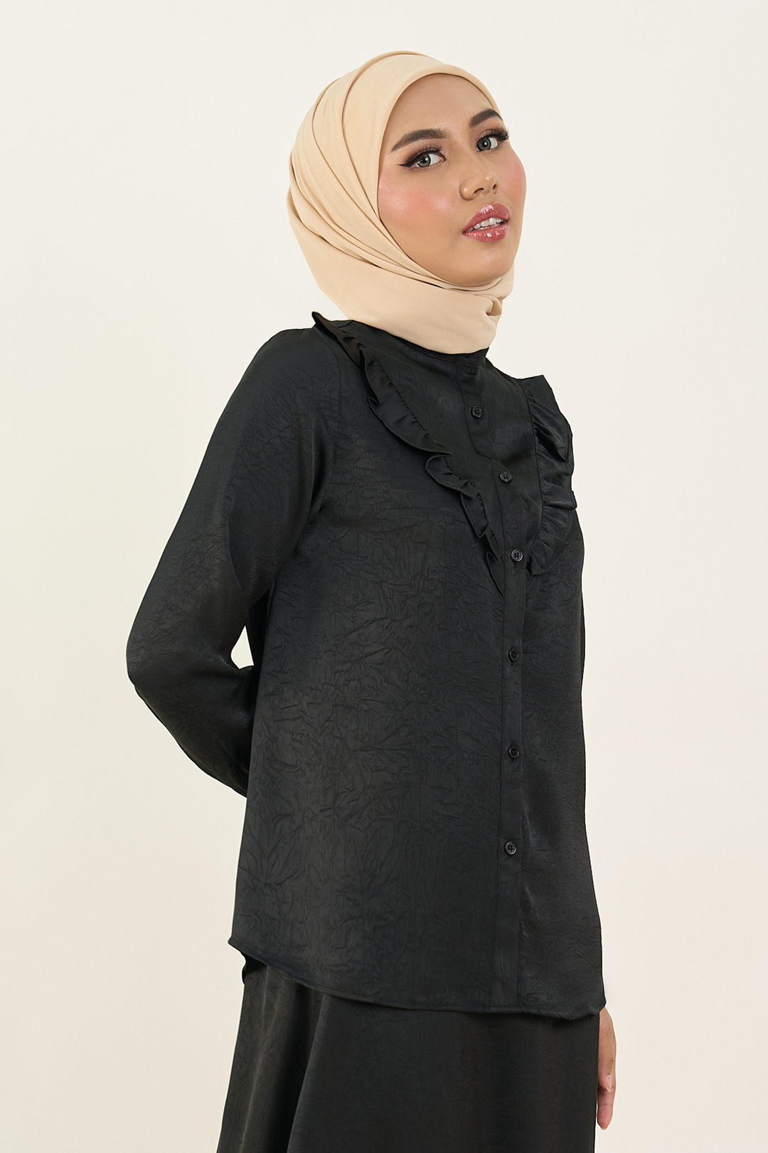 Isabelle Satin Ruffled Blouse Black