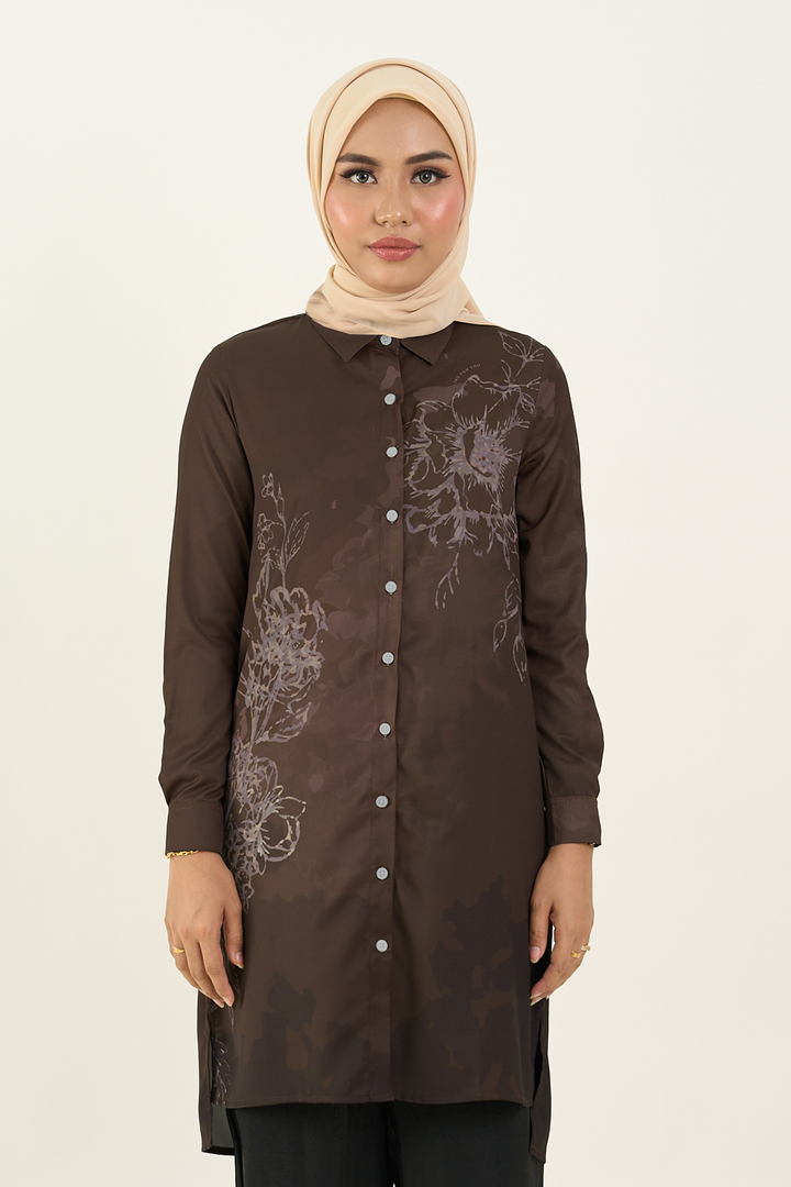 Nerina Printed Long Blouse Brown