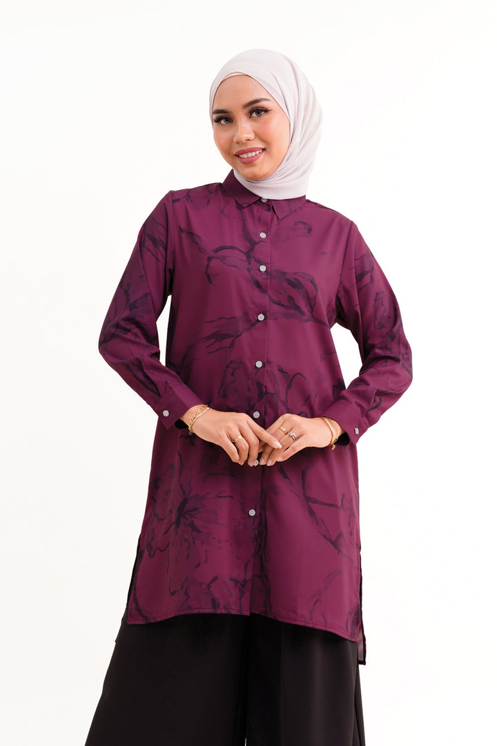 Chaca Printed Long Blouse Burgundy