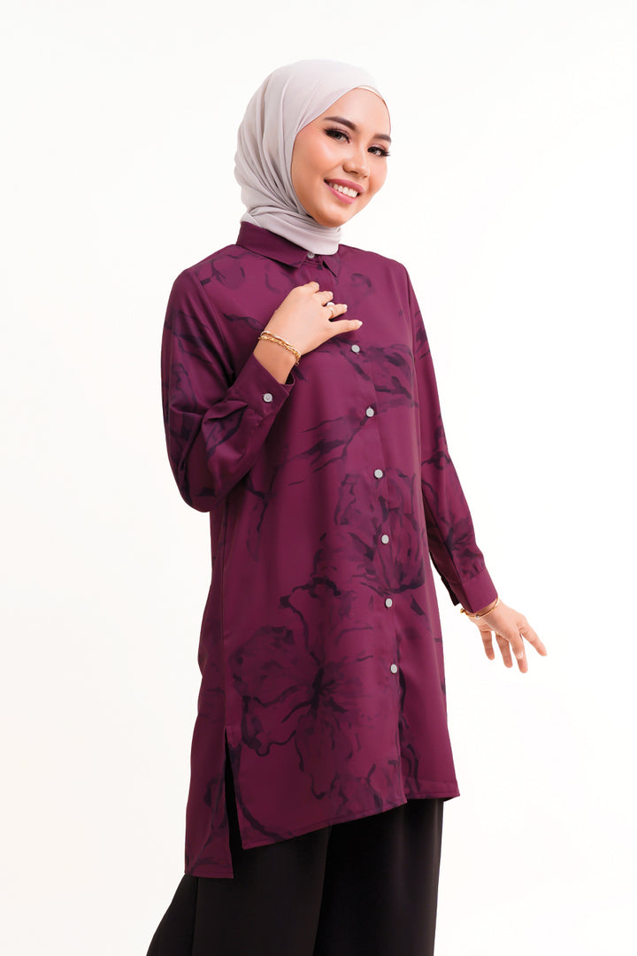 Chaca Printed Long Blouse Burgundy