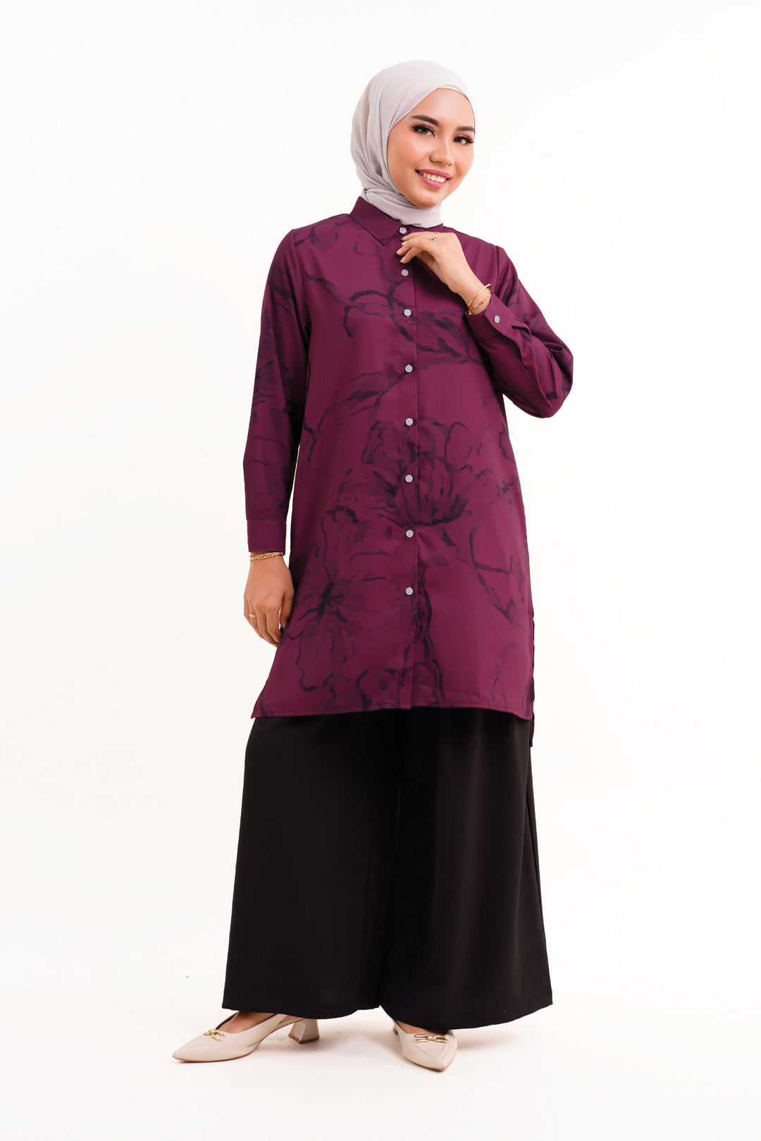 Chaca Printed Long Blouse Burgundy