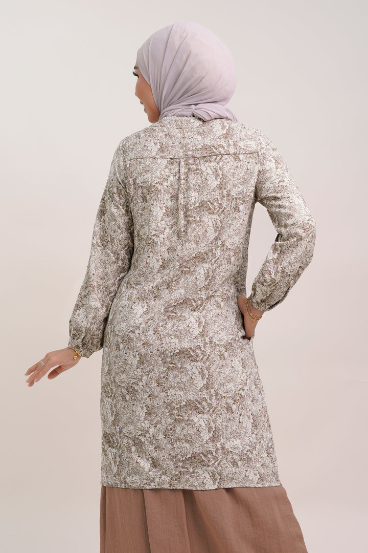 Claire Floral Cotton Long Blouse Coffee