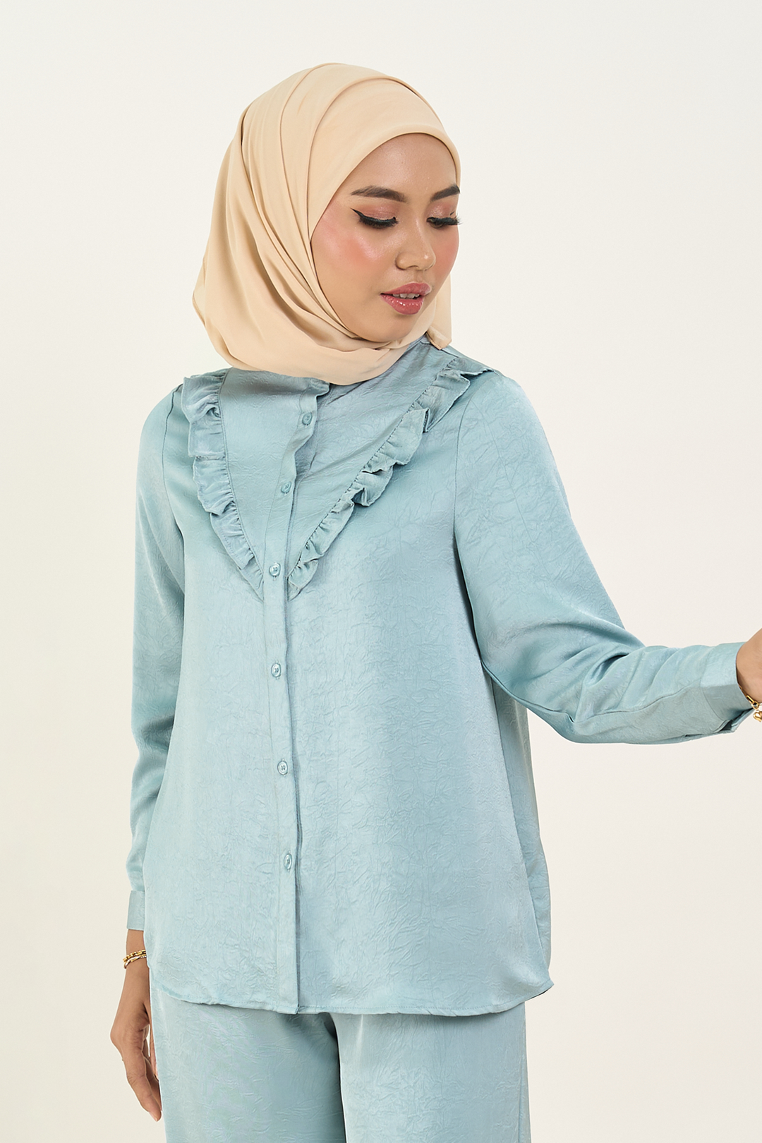 Isabelle Plus Size Satin Ruffled Blouse Greyish Blue