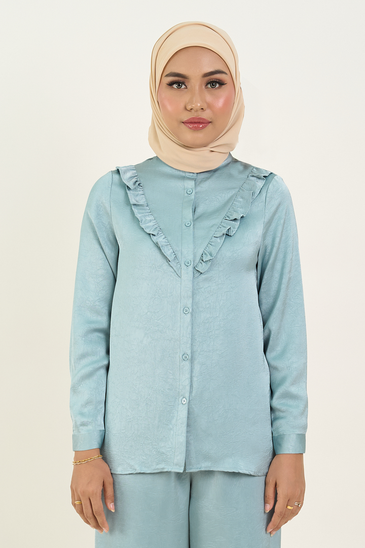 Isabelle Satin Ruffled Blouse Greyish Blue