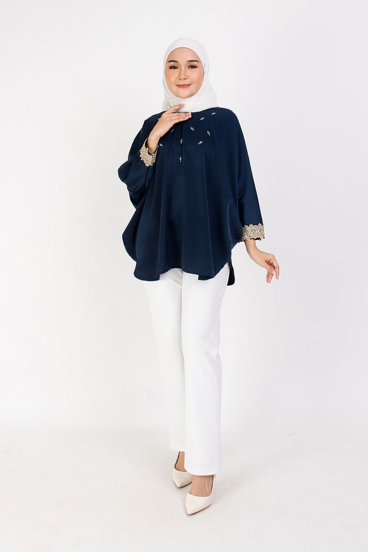 Dewi Plain Batwing Blouse Navy Blue