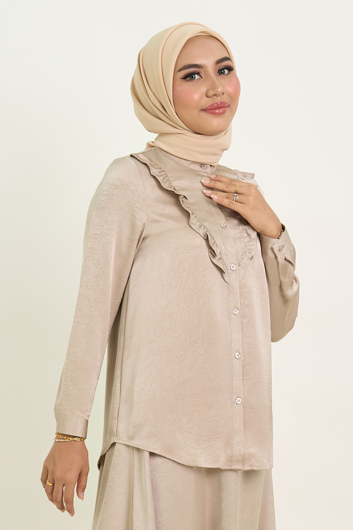 Isabelle Satin Ruffled Blouse Latte
